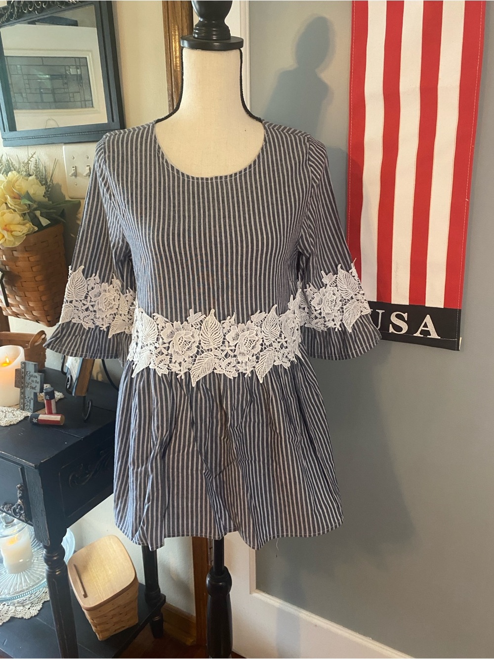 Suzanne Betro Navy and White Striped Lace-Paneled Peplum Top